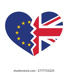 A heart icon split in two pieces featuring the European Union stars and the United Kingdom Union Jack flag. Represents political division, Brexit, and separation.