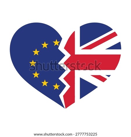 A heart icon split in two pieces featuring the European Union stars and the United Kingdom Union Jack flag. Represents political division, Brexit, and separation.