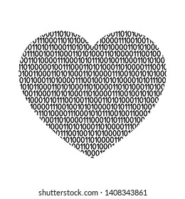 Heart icon symbol of love abstract schematic from black ones and zeros binary digital code. Vector illustration.