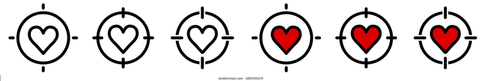 Heart icon in target crosshair. Focus on love or emotions concept, multiple versions