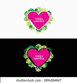 Heart icon for valentine day with monstera leaf graphic element