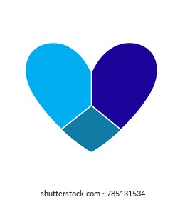Heart icon. Heart vector. Blue heart isolated on white background. Logo patchwork heart three blue tint on white.