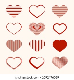 Heart Icon. Vector Flat Design Hearts Set Isolated on Light Background. Romance Symbol. Healthcare Icons.