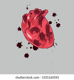 Heart icon. Vector illustration of a human heart. Anatomical heart with blood drops hand drawn.