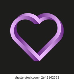 Heart icon vector. Purple 3d shape. Isometric romantic symbol. Black graphic background.