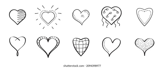 Heart icon vector set in doodle style. Outline hand drawn simple black valentines collection. Love signs for web, social net. Happy valentine day logo symbols.