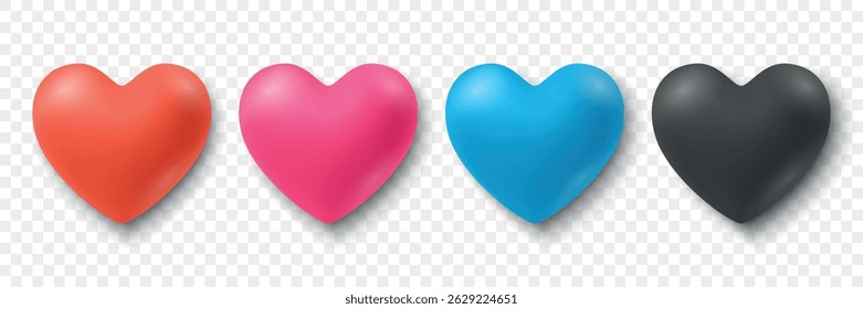 Heart Icon Vector Set. Realistic 3D Heart Icon in Different Colors. Love Heart Icon Vector Clipart for Social Media, Messaging. Modern Heart Symbol for App, Web, Valentine and Decoration