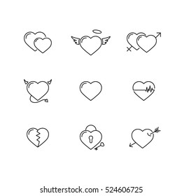 Heart icon vector set. Thin line, Outline minimalist cute sign isolated on white. Romance love symbol. Concept for marriage, Valentine's Day, wedding. Collection For Print greeting card, web, Website.