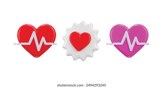 Heart icon with white pulse line icon set 3d rendering vector illustration