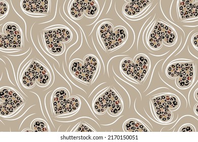 Heart icon, white zebra lines and leopard pattern. Seamless pattern on a gray background. Modern trendy print design. Line drawing and patches of animal skin.