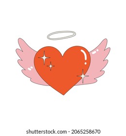 Heart icon with wings and a halo. Nostalgia for the 2000 years. Y2k style. Simple flat linear vector illustration isolated on a white background.