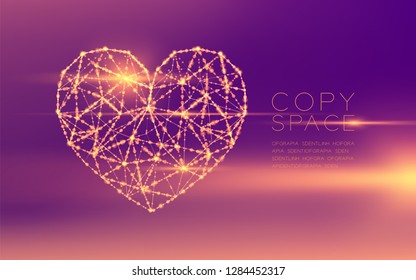 Heart icon wireframe polygon futuristic bokeh light frame structure and lens flare, Valentine's day concept design illustration isolated on purple gradient background with copy space