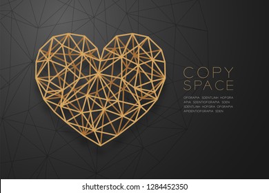 Heart icon wireframe polygon golden frame structure, Valentine's day concept design illustration isolated on black gradient background with copy space, vector eps 10