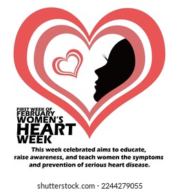 Heart icon with a woman's face and bold text with sentence on white background to commemorate Women's Heart Week on February