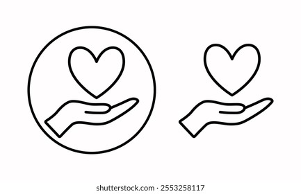 The heart icon is in your hand. A hand holding a heart. A love icon. A symbol of health, medicine. Doctor's hands holding the heart in a flat and linear style - Stock vector image.