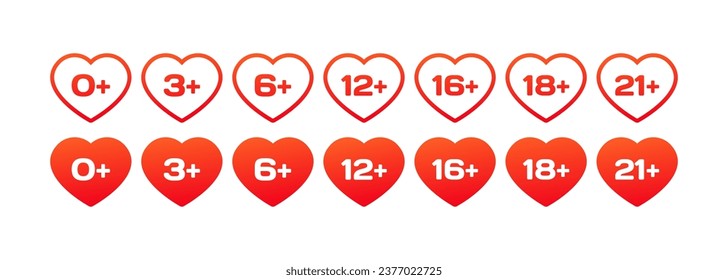 Heart icons with acceptable age. Flat, red, 0+,3+,6+...21+ age for access, hearts with valid age. Vector icons