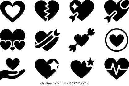 Iconos del corazón Colección de Vector negro con diferentes estilos y formas de corazón