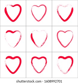 Herzsymbole. Pinselgezeichnete Elemente im Grunge-Stil einzeln auf Weiß für Valentins Kartendesign. Vektorkunst.
