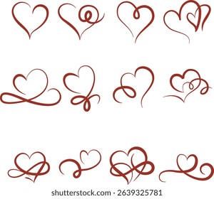 heart icons collection, Calligraphic heart line art vector doodle set, hand draw swirly flourishes love symbol set, frame and divider element collection