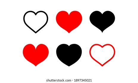 Heart icons. Collection of red and black hearts shape design isolated on white background. Love symbol. Graphic elements for card decoration.  Concept of love. Vector illustration.