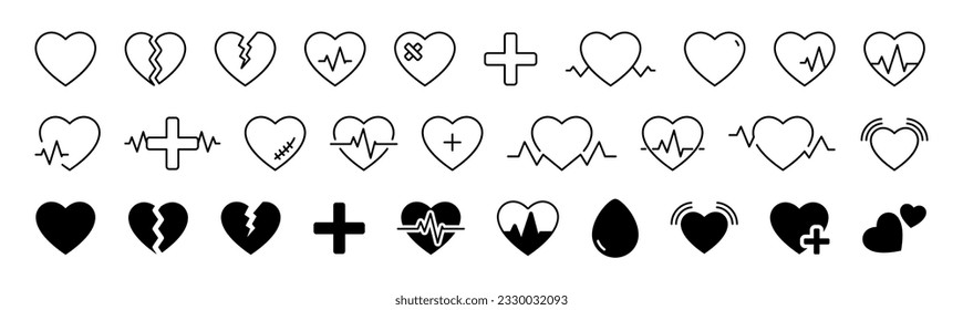 Heart icons collection. Set of heartbeat, pulse, cardiogram black icons. Heartbeat isolated icons