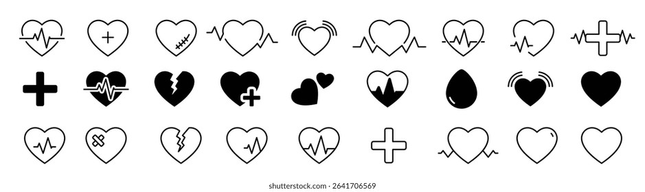 Heart icons collection. Set of heartbeat, pulse, cardiogram black icons. Heartbeat isolated icons