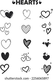 Heart icons, concept of love, linear icons in grey black color and lines.
