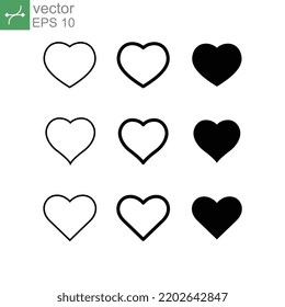 Heart icons, concept of love symbol icon set. Collection of heart illustrations. Silhouette, linear, thin, grey line, solid. Vector illustration. Design on white background. EPS 10