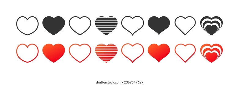 Heart icons. Different styles, colors, like icons, set of hearts. Vector icons