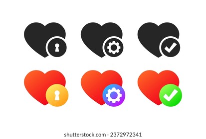 Heart icons. Different styles, colors, heart with gear, key and checkmark, heart settings. Vector icons