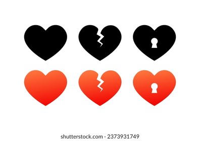 Heart icons. Different styles, red, broken heart, key to the heart. Vector icons