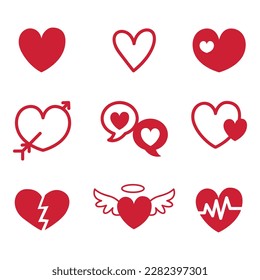 Heart icons flat red white handdrawn sketch.