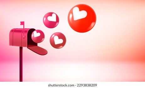Heart icons flying to the mail box. 3d vector banner with copy space
