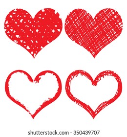 Heart icons, hand drawn icons for valentines and wedding in red color for valentines. Collection of grunge vector hearts for wedding. Made of chalk and watercolour.