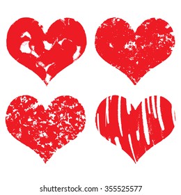 Heart icons, hand drawn icons for valentines and wedding in red color for valentines. Collection of grunge vector hearts for wedding. Made of chalk and watercolour.