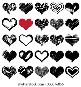 Heart Icons, Hand drawn vector heart set with different tools like brushes, chalk, ink.