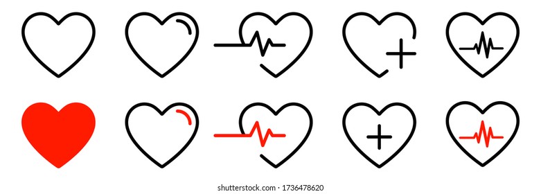 Heart icons isolated vector signs. Collection of vector heartbeats signs or linear icons. Cardiogram heart concept. EPS 10