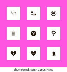 heart icons. latte cup, candle heart, heartbeat and heart hand vector icons set