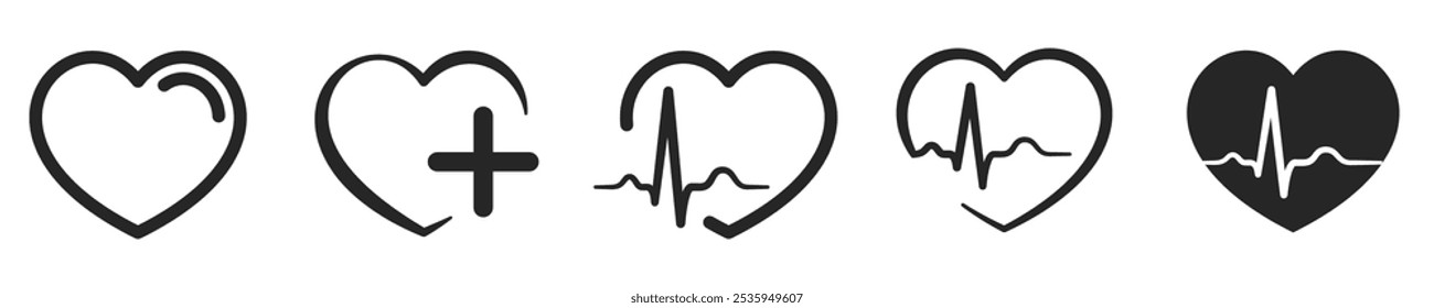 Heart icons in linear design for medicine, healthcare, love passion, and romantic concepts. Heartbeat flat icon for medical apps and sites. Cardiogram heart logo in linear style. Vector illustration