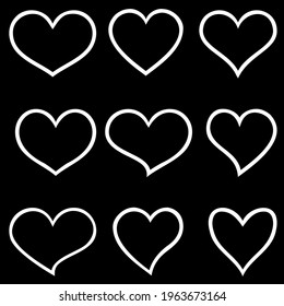 Heart icons, Love Symbol icon flat style modern design, isolated white outline on black background
