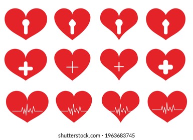 Heart icons, love symbol icon flat style modern design, red isolated on a blank background. Vector illustration. pulsation, keyhole, medicine