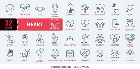 Heart icons Pack. Collection of emotional icons based in heart. Emotion, wellbeing, celebration, relationship, honesty, kindness