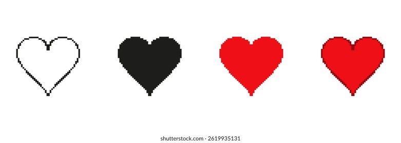 Heart Icons Pixelated Icon Set. Pixel Art Symbol Collection Of Heart Icons In Various Colors. Isolated Vector Illustration.