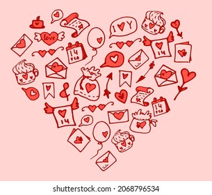 heart of icons. red heart of doodle elements for Valentine's day vintage style on pink background vintage vector illustration. heart of icons. Hand-drawn style vector gifts of the message 