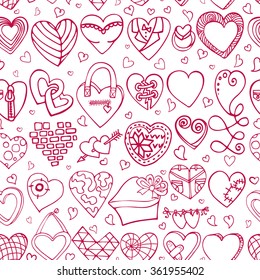 Heart icons seamless pattern.Valentine,wedding,love symbols background.Retro heart love vector decoration.Hand drawing doodle vector,cartoon set.For wrapping paper,wallpaper,fabric.Pink