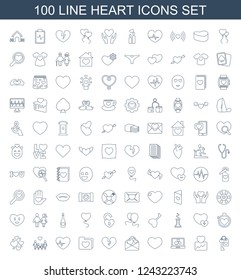 heart icons. Set of 100 line heart icons included key, cardiogram, laptop with heart, love letter, broken on white background. Editable heart icons for web, mobile and infographics.