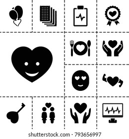 Heart icons. set of 13 editable filled heart icons such as hands holding heart, women couple, heart ribbon, plate with spoon and fork, emot in love