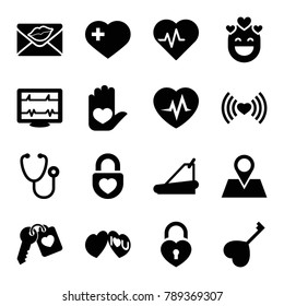 Heart icons. set of 16 editable filled heart icons such as heartbeat, stethoscope, treadmill, location pin, love letter, i love you