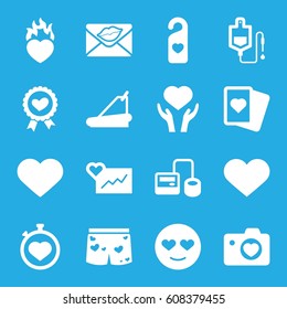 Heart icons set. set of 16 heart filled icons such as Spades, emot in love, blod pressure tool, drop counter, treadmill, stopwatch, love letter