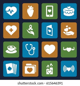 Heart icons set. set of 16 heart filled icons such as pllaying card, heart, stethoscope, ribbon on hand